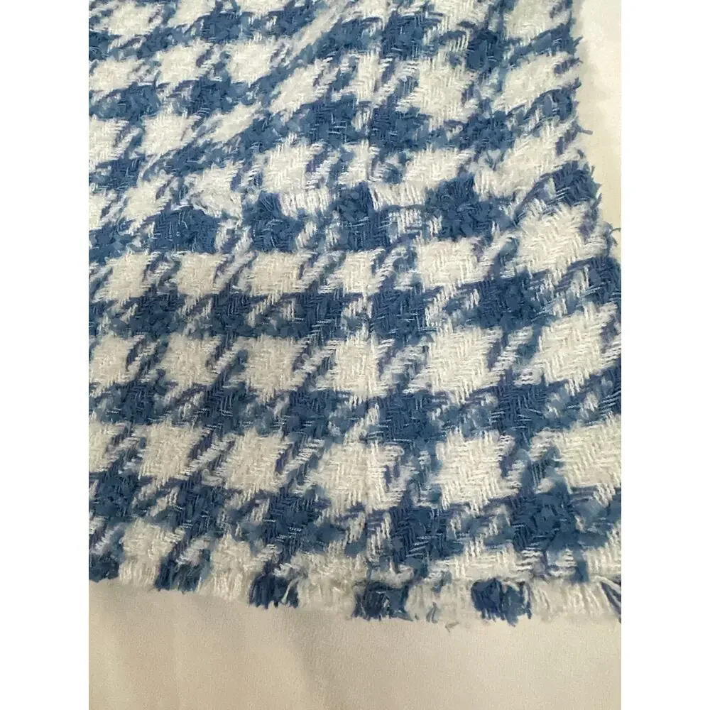 Ann Taylor Blue White Tweed Fringe The Cutaway Jacket Women’s Large Open Front